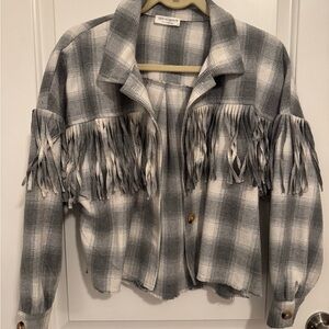 Grey and White Plaid Fringe Jacket/Shacket